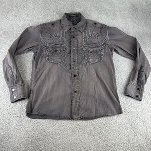 VASSARI ITALY Shirt Mens Medium Gray‎ Metal Snap Button Military Tribal Stretch
